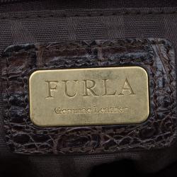Pre Owned Furla Dark Brown Croc Embossed Leather New Appaloosa Tote