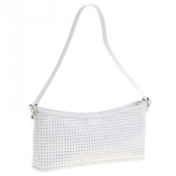 Pre Owned Furla White perforated Patent Leather Shoulder Bag