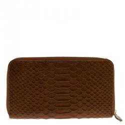 Pre Owned Furla Brown Python Embossed Leather Zip Around Wallet