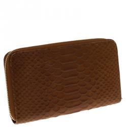 Pre Owned Furla Brown Python Embossed Leather Zip Around Wallet