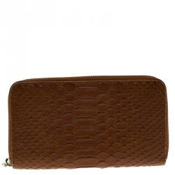 Pre Owned Furla Brown Python Embossed Leather Zip Around Wallet