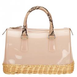 Pre Owned Furla Pink Glossy Rubber/Straw Candy Satchel Bag