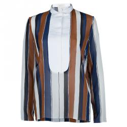 Giambattista Valli Multicolor Striped Contrast Bib Silk Blouse XS/S