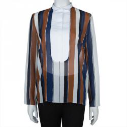 Giambattista Valli Multicolor Striped Contrast Bib Silk Blouse XS/S