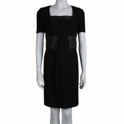 Pre Owned Gianfranco Ferre Black Leather Panel Short Sleeve Wool Dress M