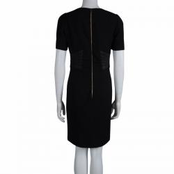 Pre Owned Gianfranco Ferre Black Leather Panel Short Sleeve Wool Dress M