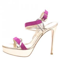 Pre Owned Gianvito Rossi Two Tone Metallic Leather and Suede Ankle Strap Platform Sandals Size 39