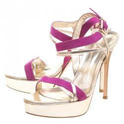 Pre Owned Gianvito Rossi Two Tone Metallic Leather and Suede Ankle Strap Platform Sandals Size 39