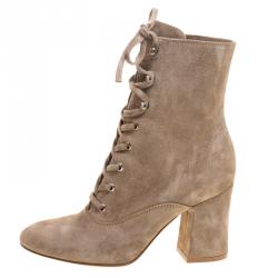 Pre Owned Gianvito Rossi Beige Suede Mackay Lace Up Ankle Boots Size 36.5