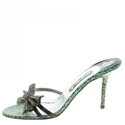 Pre Owned Gina Black Leather Crystal Embellished Bow Slides Size 39.5