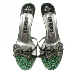 Pre Owned Gina Black Leather Crystal Embellished Bow Slides Size 39.5