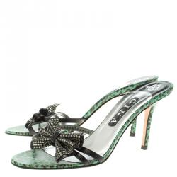 Pre Owned Gina Black Leather Crystal Embellished Bow Slides Size 39.5