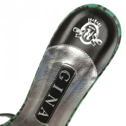 Pre Owned Gina Black Leather Crystal Embellished Bow Slides Size 39.5