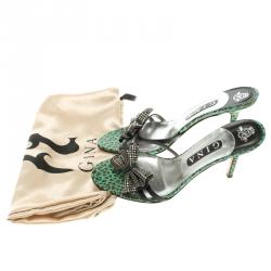 Pre Owned Gina Black Leather Crystal Embellished Bow Slides Size 39.5