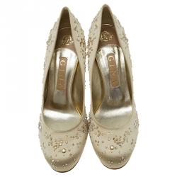 Pre Owned Gina Beige Satin Embellished Anny Pumps Size 38.5