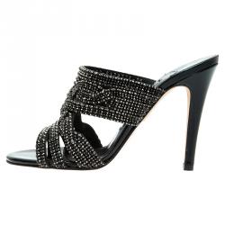 Pre Owned Gina Black Crystal Embellished Slides Size 36.5