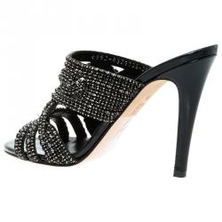 Pre Owned Gina Black Crystal Embellished Slides Size 36.5