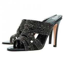 Pre Owned Gina Black Crystal Embellished Slides Size 36.5