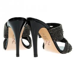 Pre Owned Gina Black Crystal Embellished Slides Size 36.5