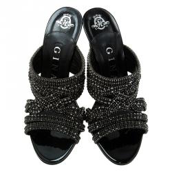 Pre Owned Gina Black Crystal Embellished Slides Size 36.5