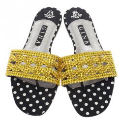 Pre Owned Gina Gold Embellished Athena Slides Size 41.5