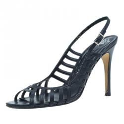 Pre Owned Gina Black Leather Caged Slingback Sandals Size 38.5