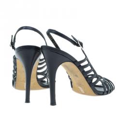 Pre Owned Gina Black Leather Caged Slingback Sandals Size 38.5