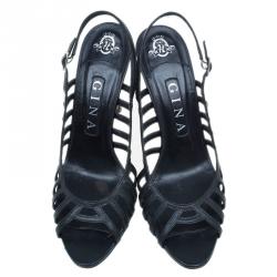 Pre Owned Gina Black Leather Caged Slingback Sandals Size 38.5