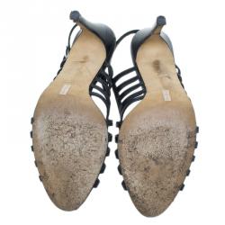 Pre Owned Gina Black Leather Caged Slingback Sandals Size 38.5