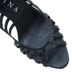 Pre Owned Gina Black Leather Caged Slingback Sandals Size 38.5