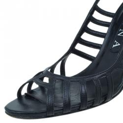 Pre Owned Gina Black Leather Caged Slingback Sandals Size 38.5