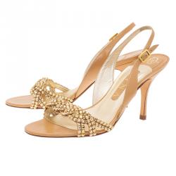 Pre Owned Gina Gold Swarovski Crystal Embellished Naomi Slingback Sandals Size 38