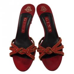 Pre Owned صندل سلايد جينا بفتحة أمامية وعقدة مرصع ساتان أحمر مقاس 38