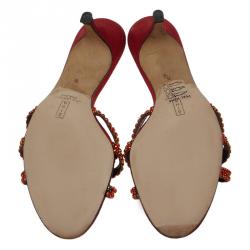 Pre Owned صندل سلايد جينا بفتحة أمامية وعقدة مرصع ساتان أحمر مقاس 38