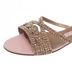 Pre Owned حذاء سلايد فلات جينا مرصع كريستال وردي وبني مقاس 39