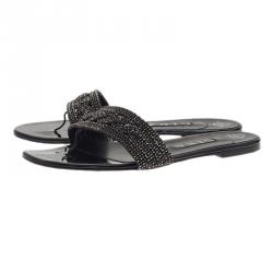 Pre Owned Gina Black Athena Crystal Flat Sandals Size 40