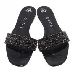 Pre Owned Gina Black Athena Crystal Flat Sandals Size 40