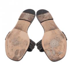 Pre Owned Gina Black Athena Crystal Flat Sandals Size 40