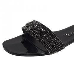 Pre Owned Gina Black Athena Crystal Flat Sandals Size 40