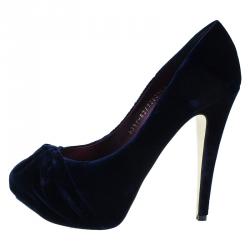 Pre Owned حذاء كعب عالي جينا كلير أزرق داكن قطيفة نعل سميك مثاس 38.5