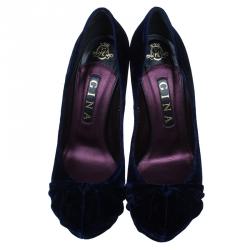 Pre Owned حذاء كعب عالي جينا كلير أزرق داكن قطيفة نعل سميك مثاس 38.5