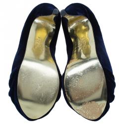 Pre Owned حذاء كعب عالي جينا كلير أزرق داكن قطيفة نعل سميك مثاس 38.5