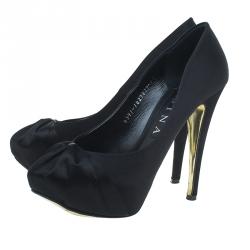 Pre Owned Gina Black Satin Claire Hoodie Platform Pumps Size 39.5