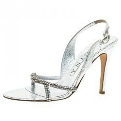 Pre Owned Gina Silver Croc Embossed Swarovski Crystal Embellished Naomi Slingback Sandals 37.5