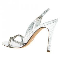 Pre Owned Gina Silver Croc Embossed Swarovski Crystal Embellished Naomi Slingback Sandals 37.5