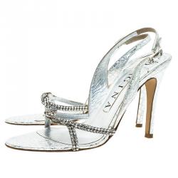 Pre Owned Gina Silver Croc Embossed Swarovski Crystal Embellished Naomi Slingback Sandals 37.5