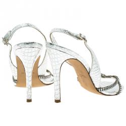 Pre Owned Gina Silver Croc Embossed Swarovski Crystal Embellished Naomi Slingback Sandals 37.5