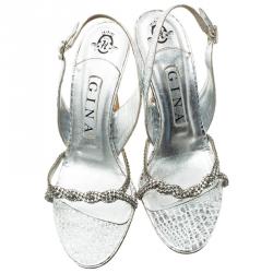Pre Owned Gina Silver Croc Embossed Swarovski Crystal Embellished Naomi Slingback Sandals 37.5