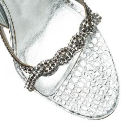Pre Owned Gina Silver Croc Embossed Swarovski Crystal Embellished Naomi Slingback Sandals 37.5