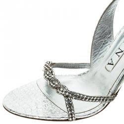 Pre Owned Gina Silver Croc Embossed Swarovski Crystal Embellished Naomi Slingback Sandals 37.5